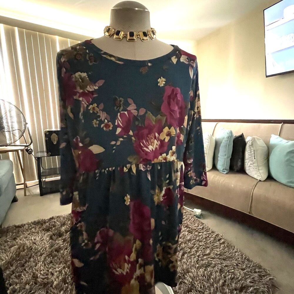 Sew in Love Women's Blue Floral Babydoll Whimsical Fairy 3/4 Sleeve Top XL Work